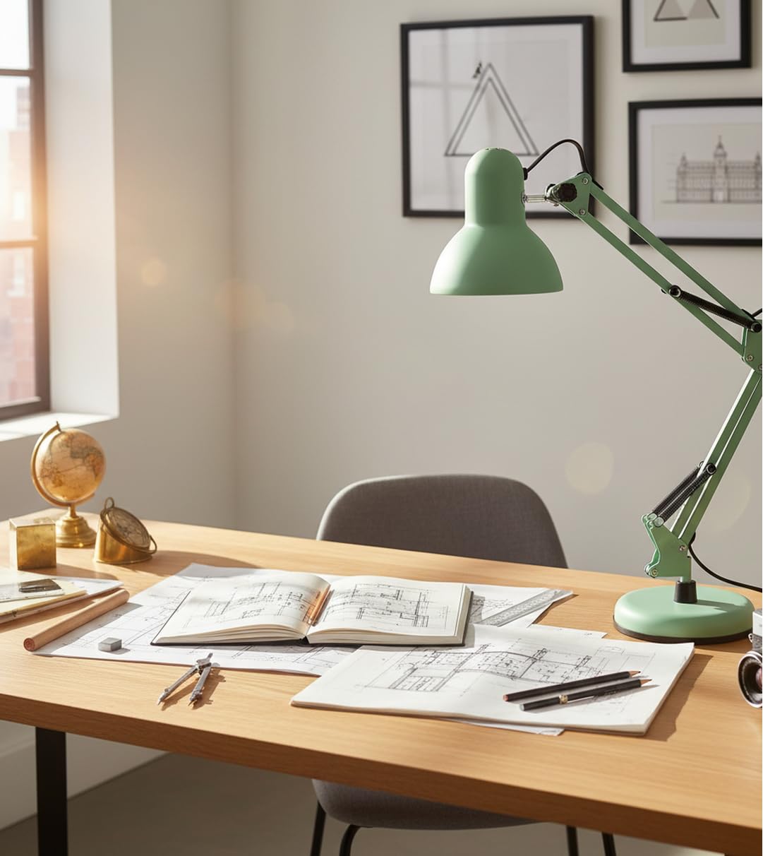 BEL AIR HOME - Lámpara de Escritorio LED Articulada Flexo Antigona | Diseño Vintage Retro | Altura Ajustable 34-67 cm | Metal Resistente | Ideal para Oficina y Hogar, (VERDE MATE)