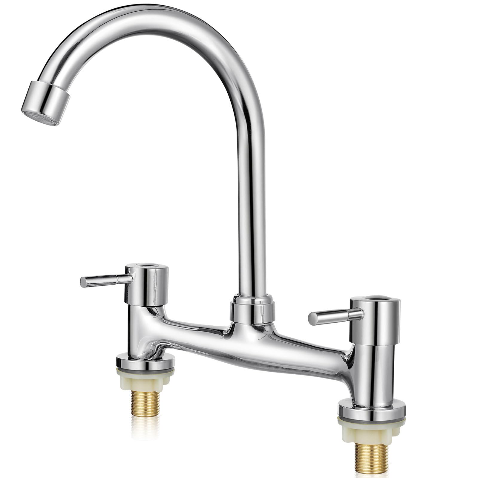 NUOBESTY Kitchen Sink Mixer Dual Hole Tap with Dual Lever Handles for Hot and Cold Water 11.61In Gooseneck Faucet with Full Rotation for Kitchen and Bathroom Use