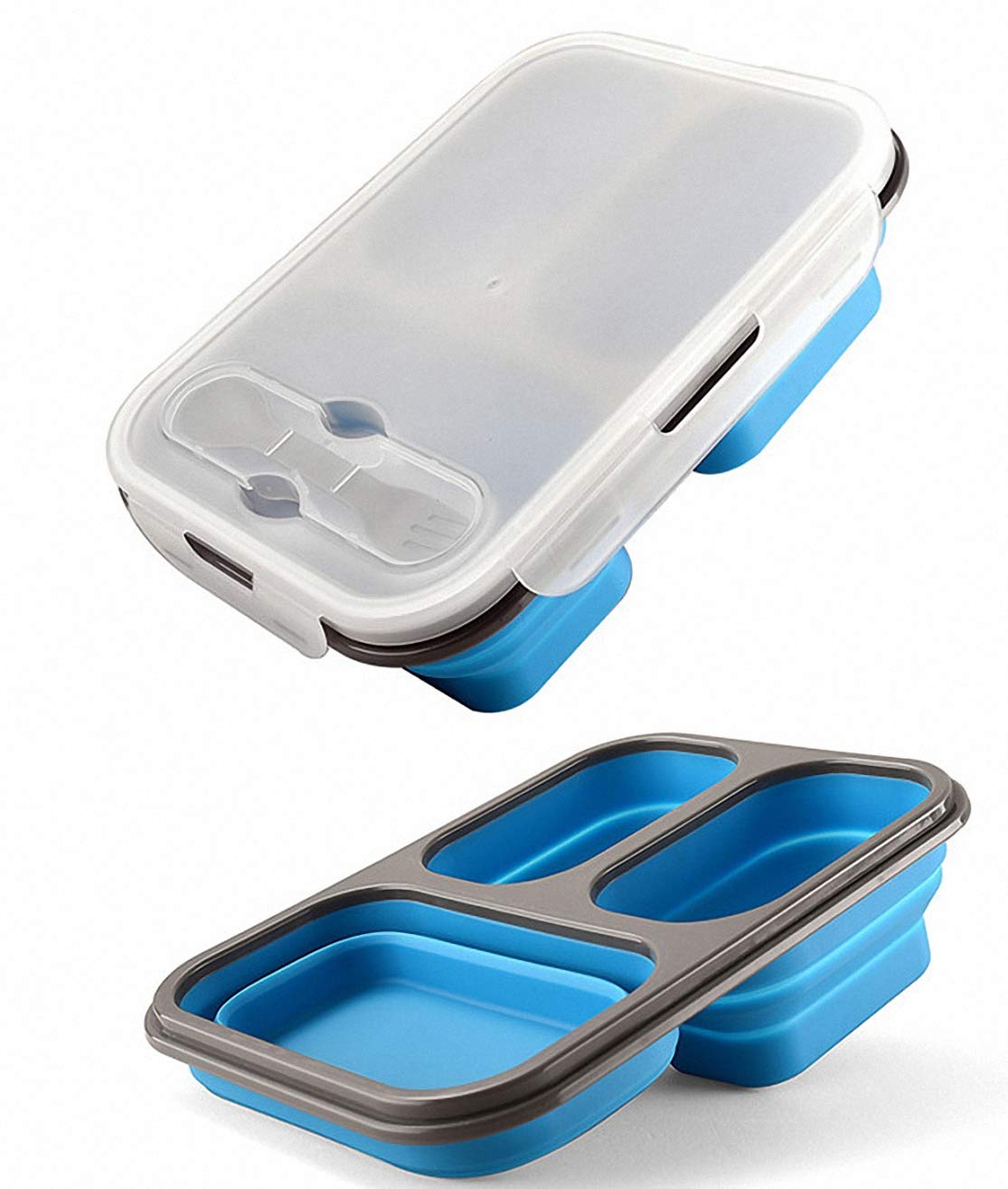Ulalaza Silicone Collapsible Bento Storage Lunch Food Container Box for Microwave Freezer Dishwasher Safe BPA Free 3 Compartments