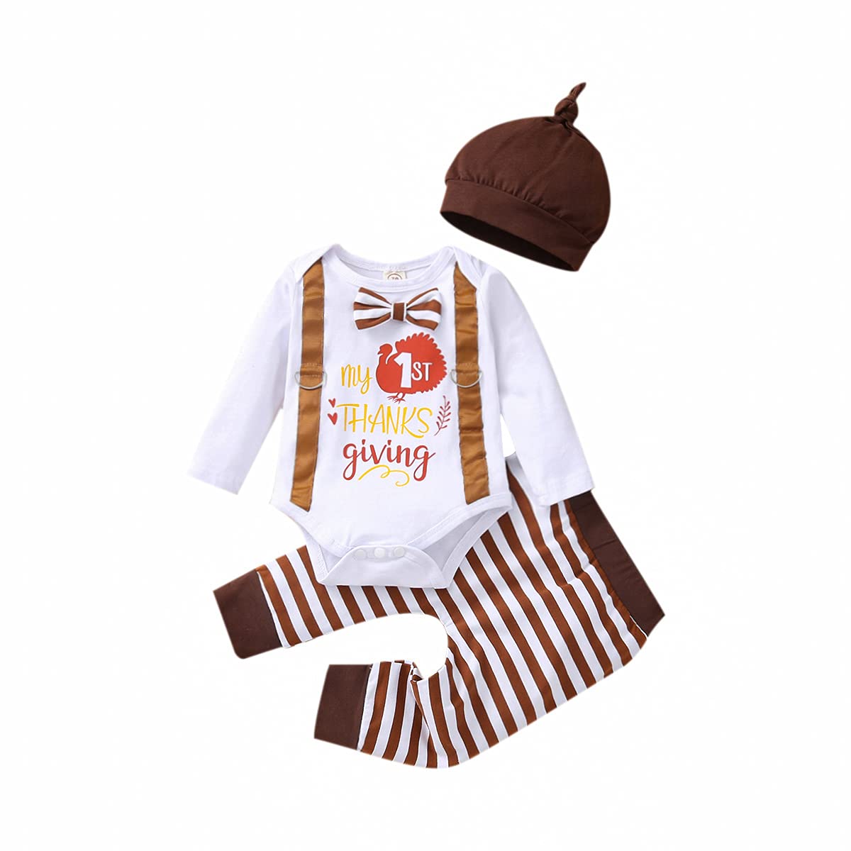 Newborn Baby Girls Boys Thanksgiving Outfits My First Thanksgiving Romper  Bodysuit Stripe Pants Hat Set 0-18M