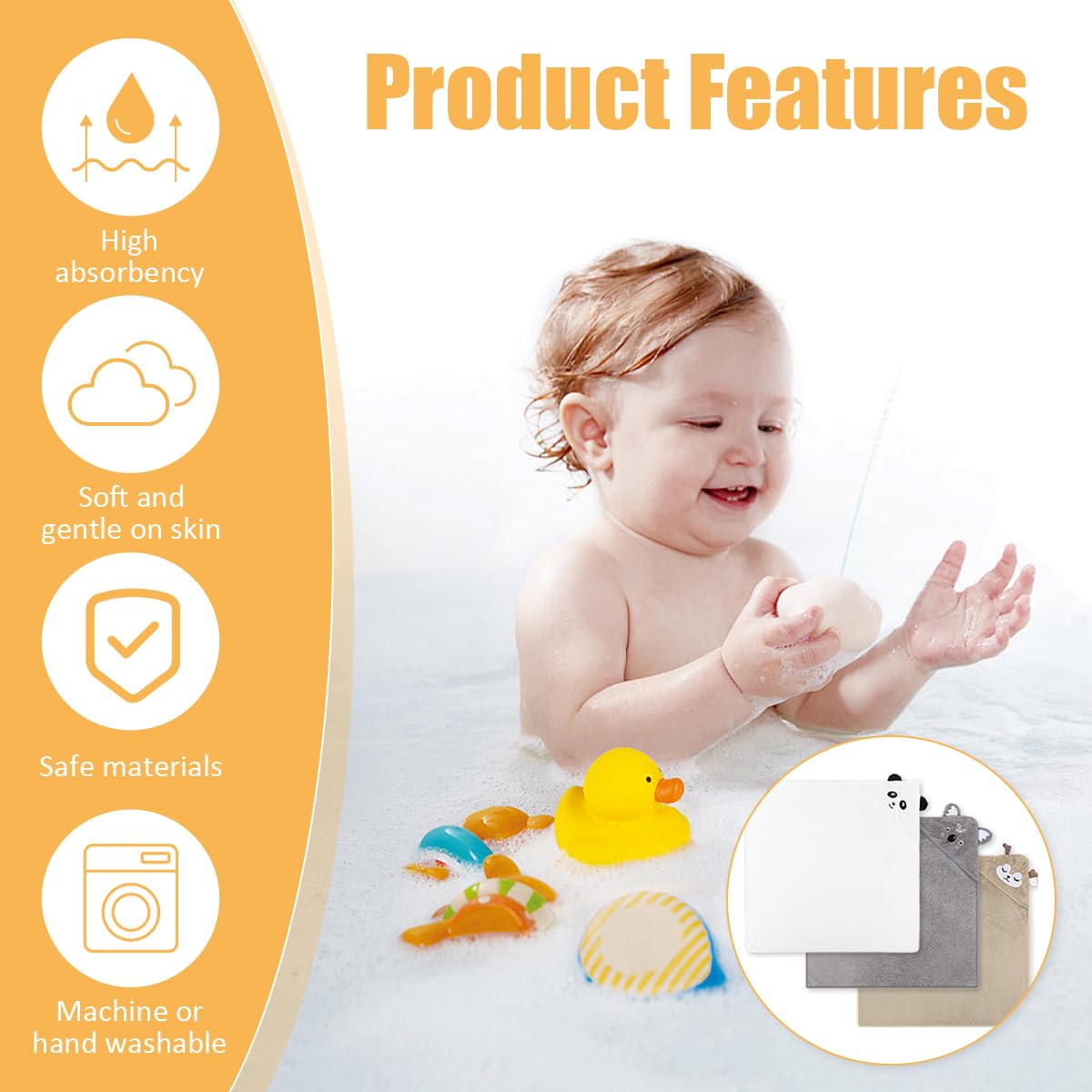 DGN 3 Pièces Serviette De Bain Bébé, 80 x 80cm Sortie de Bain Bébé Super Absorbante, Serviettes pour Enfants en Bas âge avec Trois Motifs, Baby Hooded Towel, Sortie de Bain Bebe (Blanc, Gris, Café) - 3