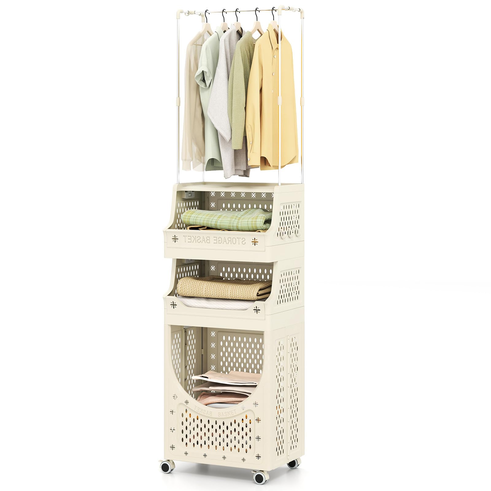 GOPLUS 2 en 1 Cesto para Ropa Sucia con Perchero, Cesta de Colada Inclinable y Extraíble con Ganchos y Compartimento Abierto, Mueble de Lavandería Plegable con Ruedas para Baño (21L+21L+40L)