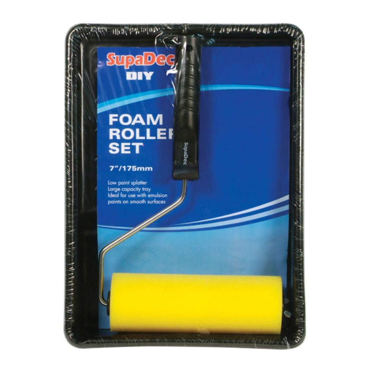 Supadec Black Foam Roller & Tray Set – 7"/175Mm | Low Splatter Paint Roller With Large Capacity Tray | 7” Foam Refill – Cage Frame & Plastic Tray | Ideal For Emulsion Paints On Smooth Surfaces