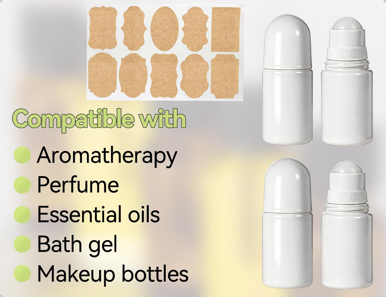 Paquete de 4 Frascos Roll-On Rellenables de Plástico con Etiquetas Adhesivas Para Aromaterapia, Aceites Esenciales, Perfumes y Viajes (Blancos, Redondos, 50 ml)