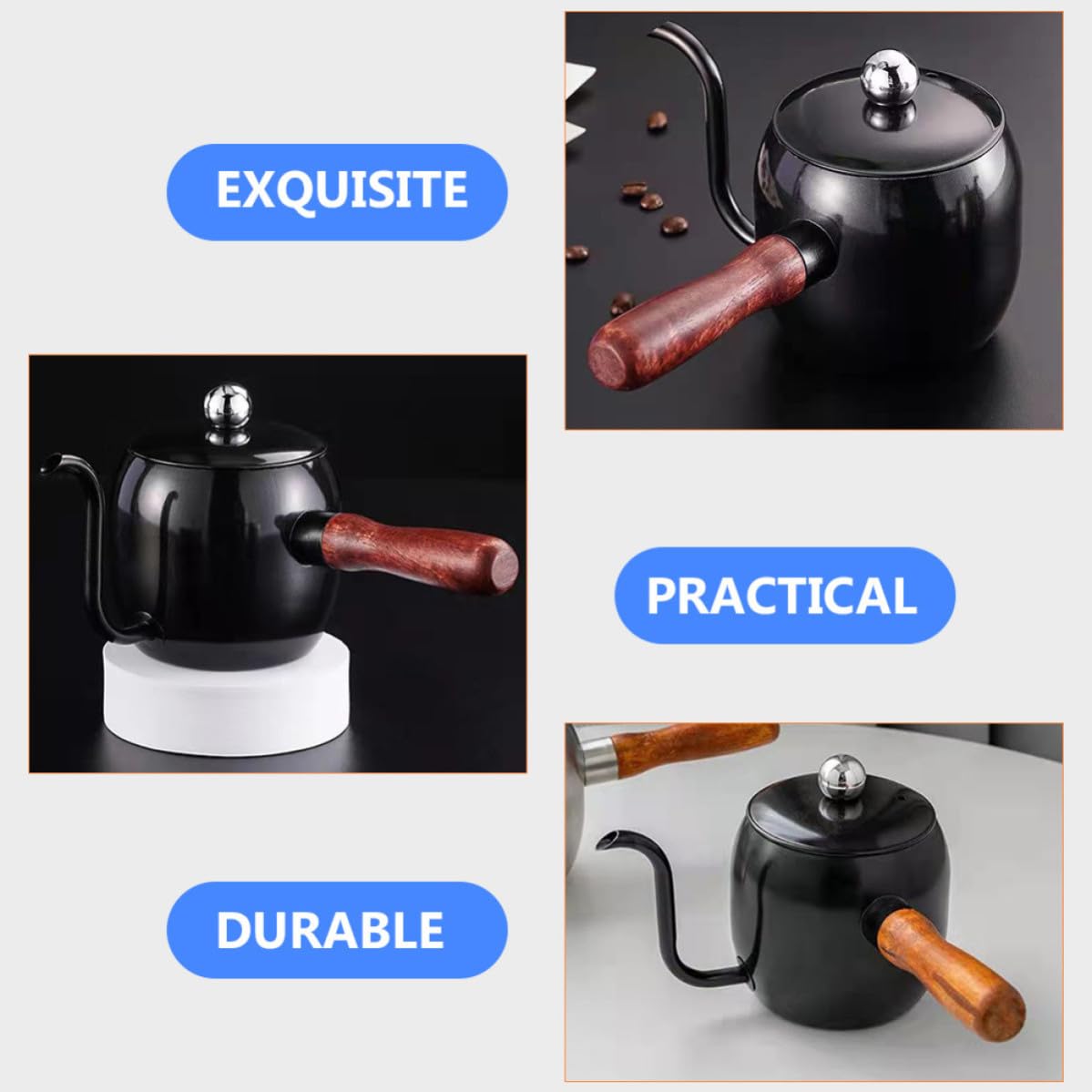 VILLCASE Hervidor de Cuello de Cisne Eléctrico 500ml de Acero Inoxidable Mango de Madera para Oficina y Familias Diseño Moderno y Textura