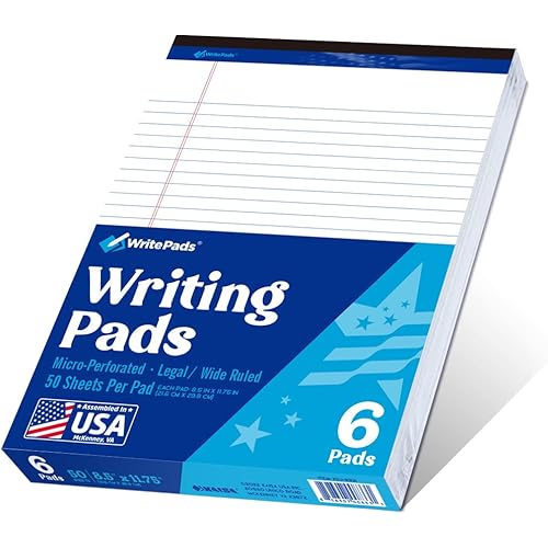 Legal Pad 8.5 x 11 Note Pad, Wide Ruled Writing Pad, White Paper, 6-Pack, 50 Sheets Per Pad, Micro-Perforated Notepad, Office Supplies (KSU-8331) - Made in the USA