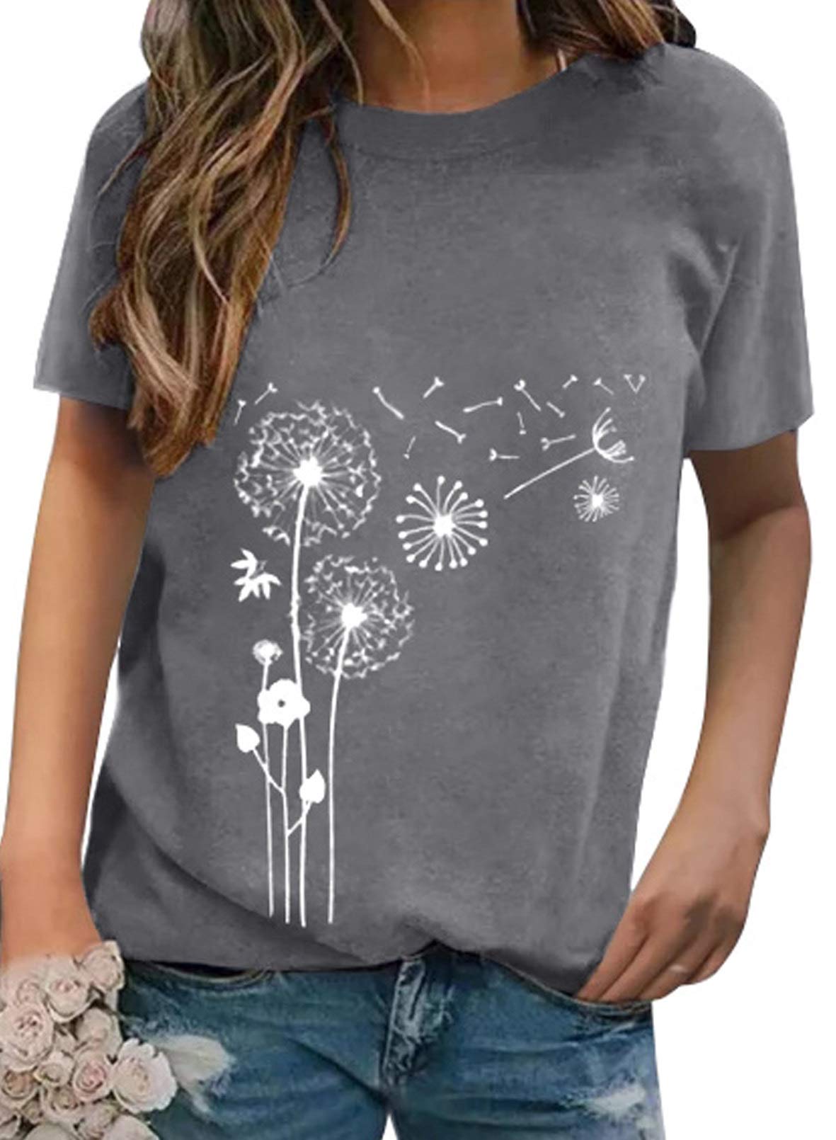 Dokotoo Maglietta Donna Manica Corta Con Stampa Dente Di Leone – T-Shirt Casual Girocollo Primavera Estate S-XXL