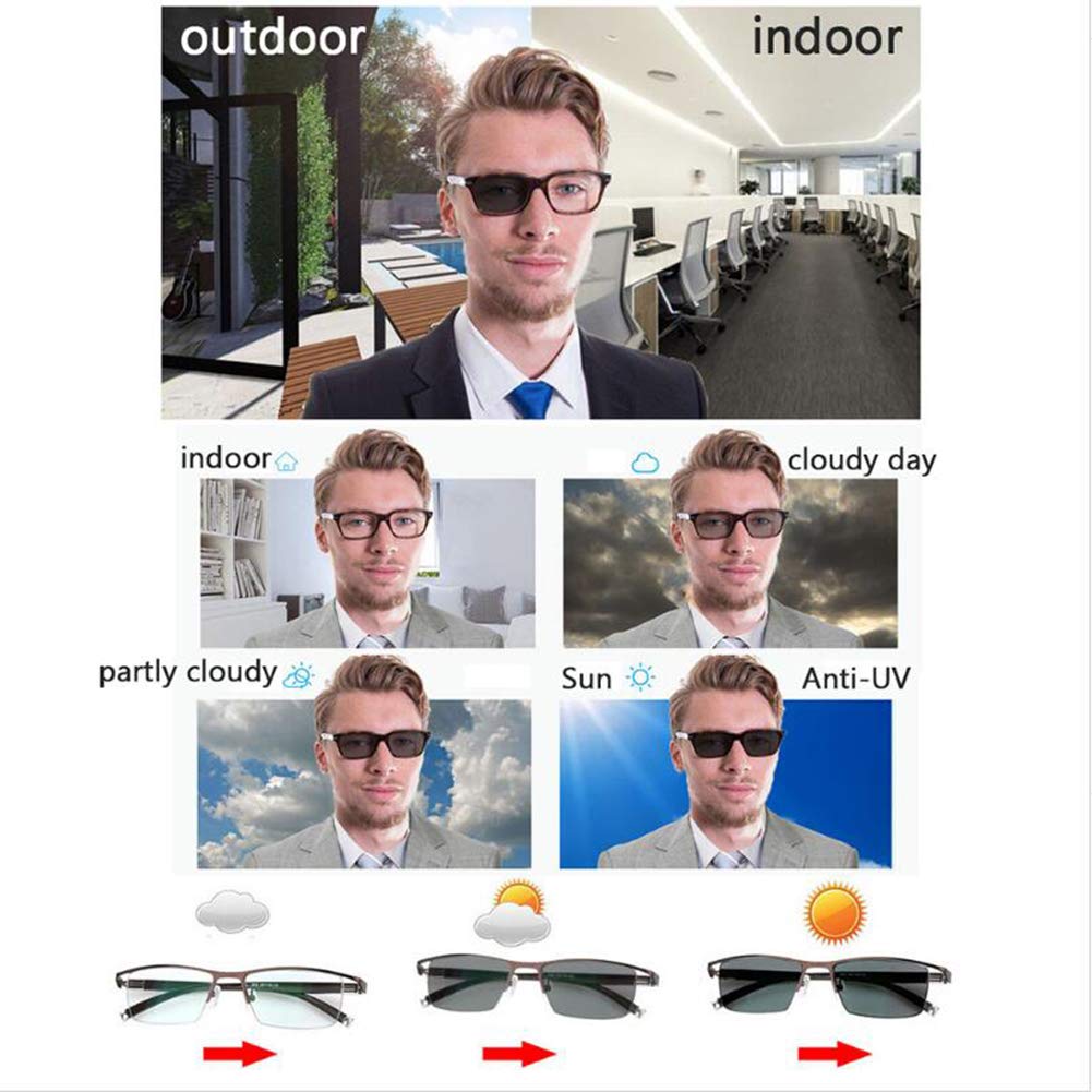 Herren-Lesebrille Classic mit ultraleichtem Halbrand-Metallrahmen, photochromen Brillen, multifokalen Dioptrien-Gleitsichtgläsern, Sonnenbrillen für den Innen- und Außenbereich, Comfort Readers