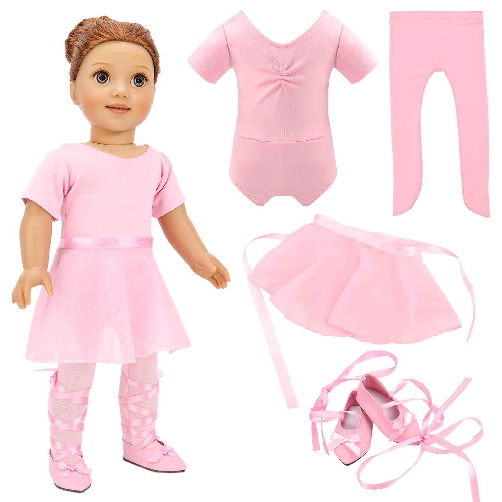 18 Inch Doll Clothes Ballet Ballerina Outfits Dance Dress Custume Compatible with 18 Inch Dolls - 4 PCS Leotard with Tutu Skirt, Tights and Ballet Shoes