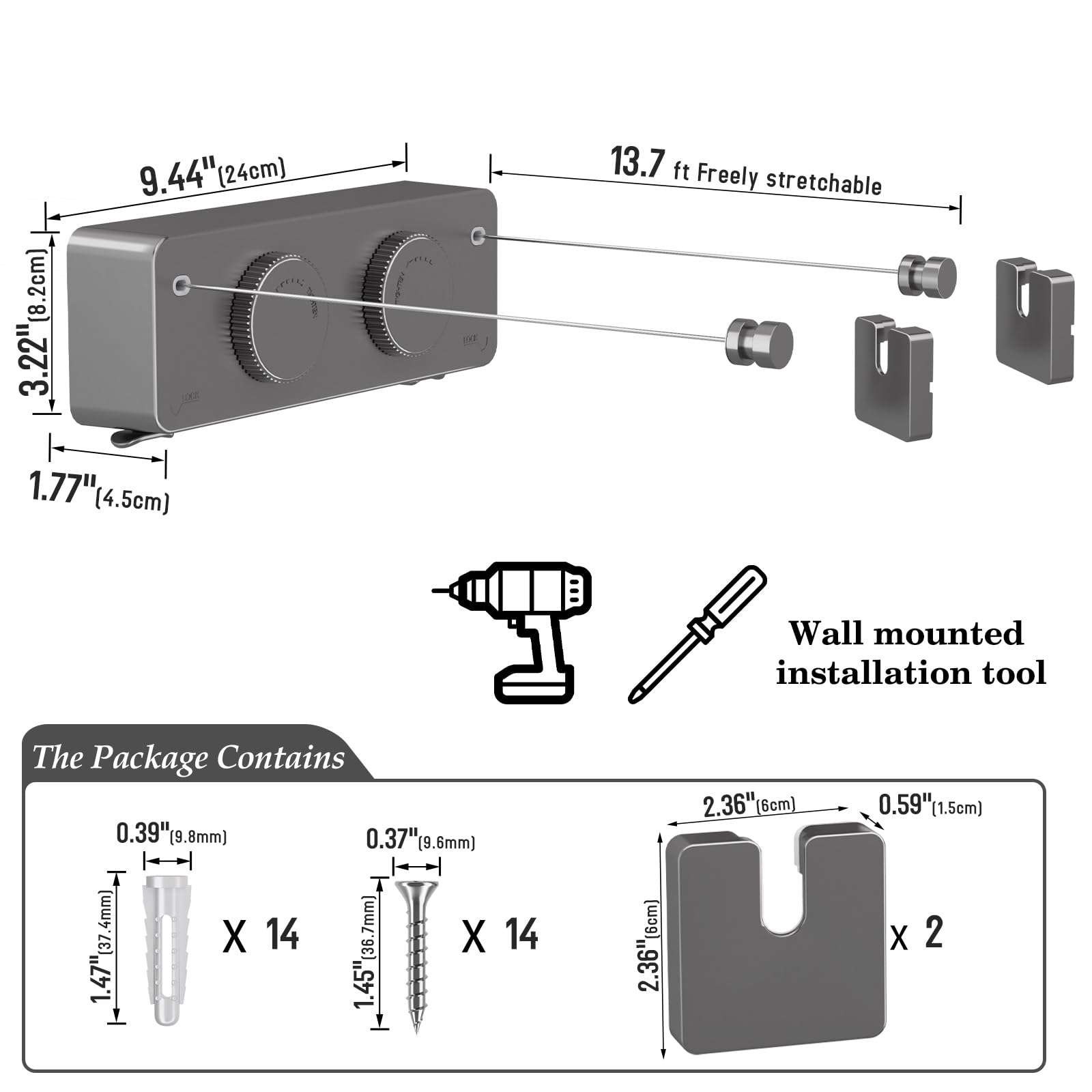 Danpoo Tendedero retráctil, perilla ajustable anticaída, resistente al desgaste, para interiores y exteriores, con alambre de acero inoxidable de 2 x 14 pies, soluciones de secado de pared de