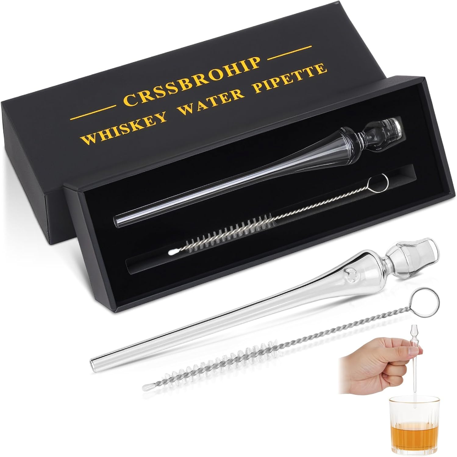 Whiskey Glass Water Pipette，Precision Whisky Dilution Tool，Glass Pipette for Bourbon，Whisky Connoisseur Tasting Gift Set with Cleaning Brush