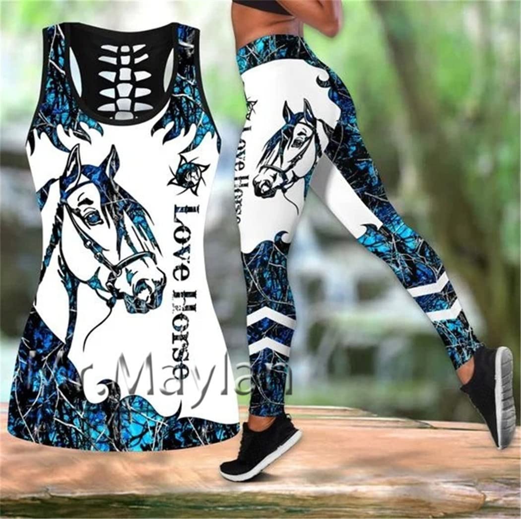 3D gedrucktes Hirsch Liebe Pferd Hohl Tanktop Frauen Sexy Weste Mädchen Tank Tops Yoga Leggings Set, 04, 42