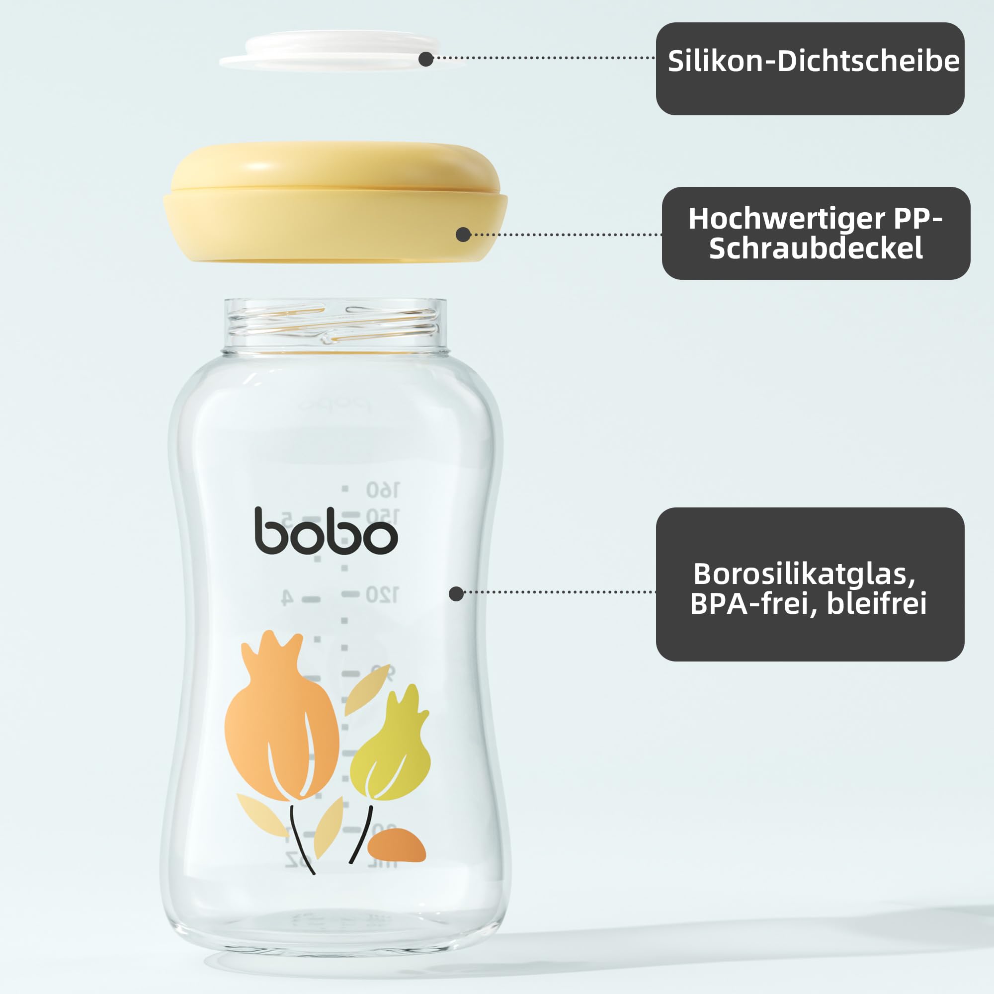 YOHKOH Botellas de cristal premium para leche materna, 4 x 160 ml, para almacenamiento seguro de leche materna, apto para lavavajillas, congelador y microondas (4 unidades, 160 ml), color amarillo