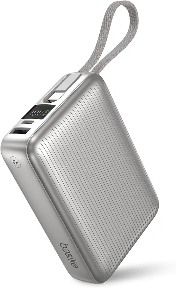 Basike Power Bank, Carregador Portátil 20000mAh 45W, 3-Saídas com Cabo USB-C Integrado, Bateria Externa de Carregamento Rápido PPS/PD/QC para iPhone Séries 16/15/14/13, Samsung S25/24/23/22/21 (Prata)