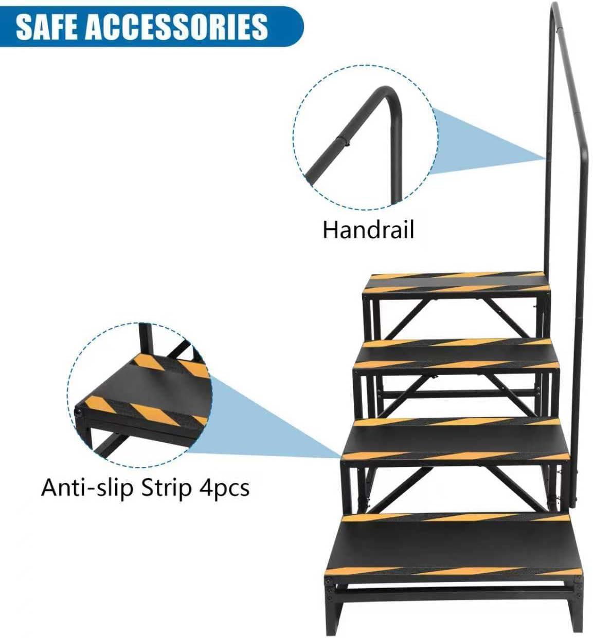 RV Steps with Handrail, 4-Step Anti-Slip Heavy Duty Stable Universal Stair for RV Travel Trailers Pool Hot Tub Trampoline