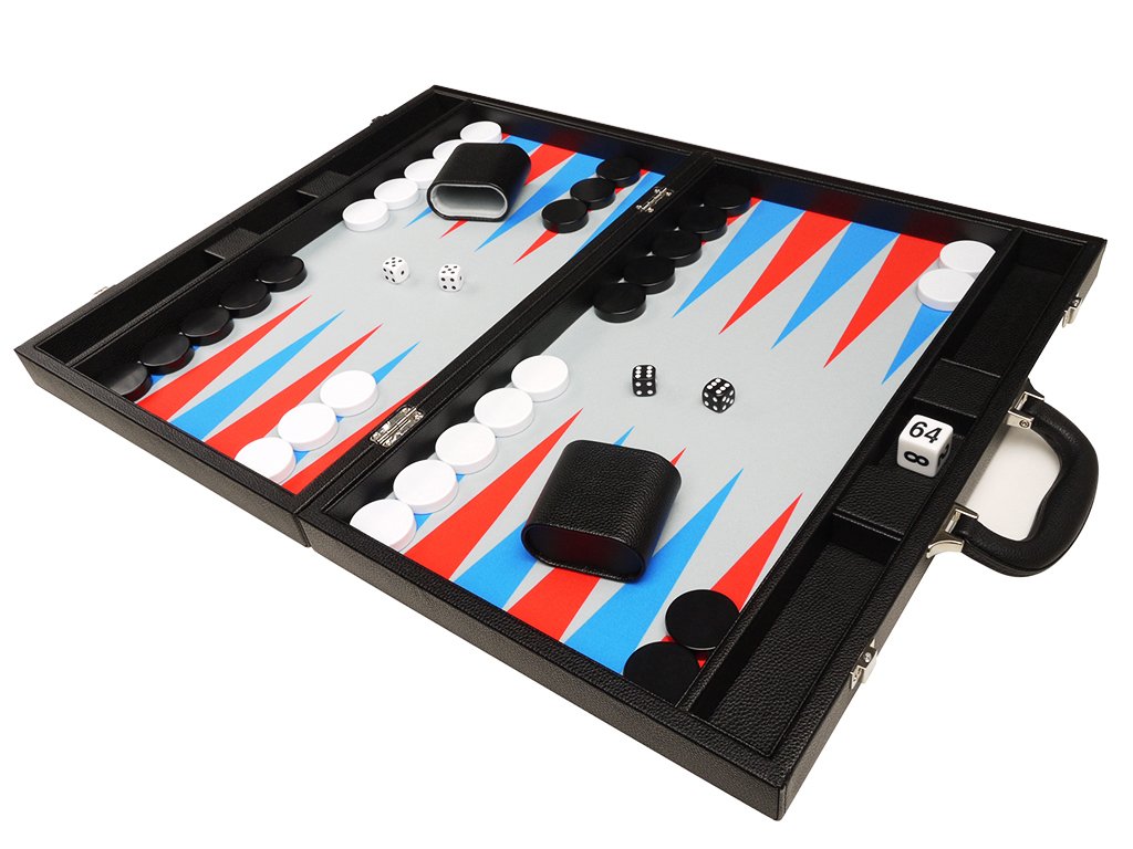 Silverman & Co. Zestaw 48 cm Premium Backgammon - duży rozmiar - czarna tablica, szkarłatna czerwień i niebieskie punkty patriotu