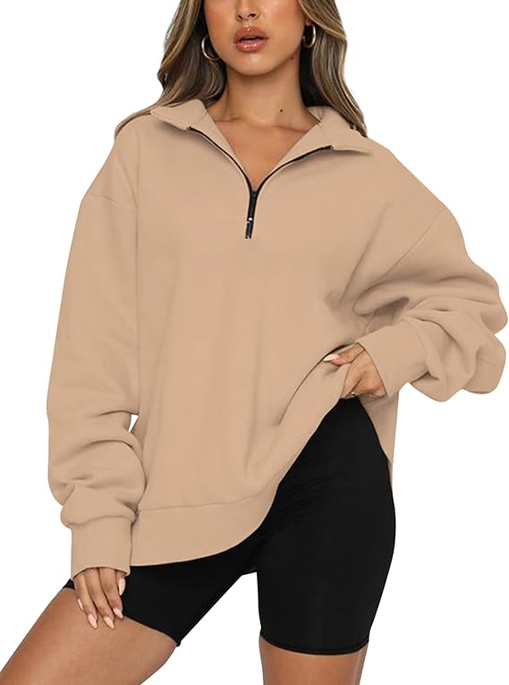 Meladyan Womens Half Zip Sweatshirt Oversized Long Sleeve Collar Drop Shoulder Solid 1/4 Zipper Pullover Jacket