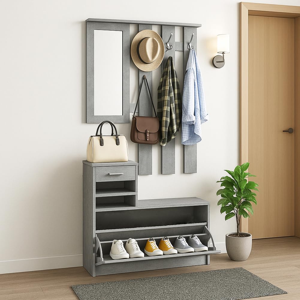BAKAJI Set Mobili Ingresso Design Moderno con Scarpiera Panca Cassetto Specchio Rettangolare e Appendiabiti Attaccapanni 6 Ganci da Parete Casa Design Moderno in Legno (Grigio)