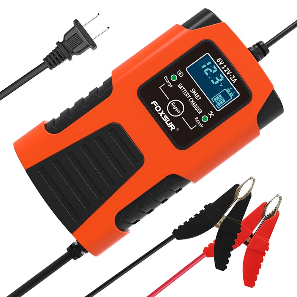 Image showing various LCD display states: Charge Voltage (e.g., 12.3V), Charge Current (e.g., 2.0A), Battery Full (FUL), Error (ERO), Repair Mode (PUL), and End Repair (End).