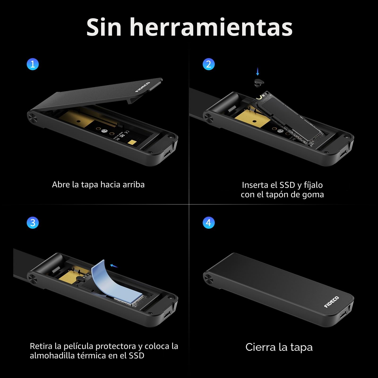 FIDECO Carcasa M.2 NVMe SSD, 10Gbps USB 3.2 Gen 2 Caja Disco Duro para M.2 NVMe PCIe M Key B+M Key, Diseño de Sándwich, Instalación Sin Herramientas, Soporte UASP y Trim
