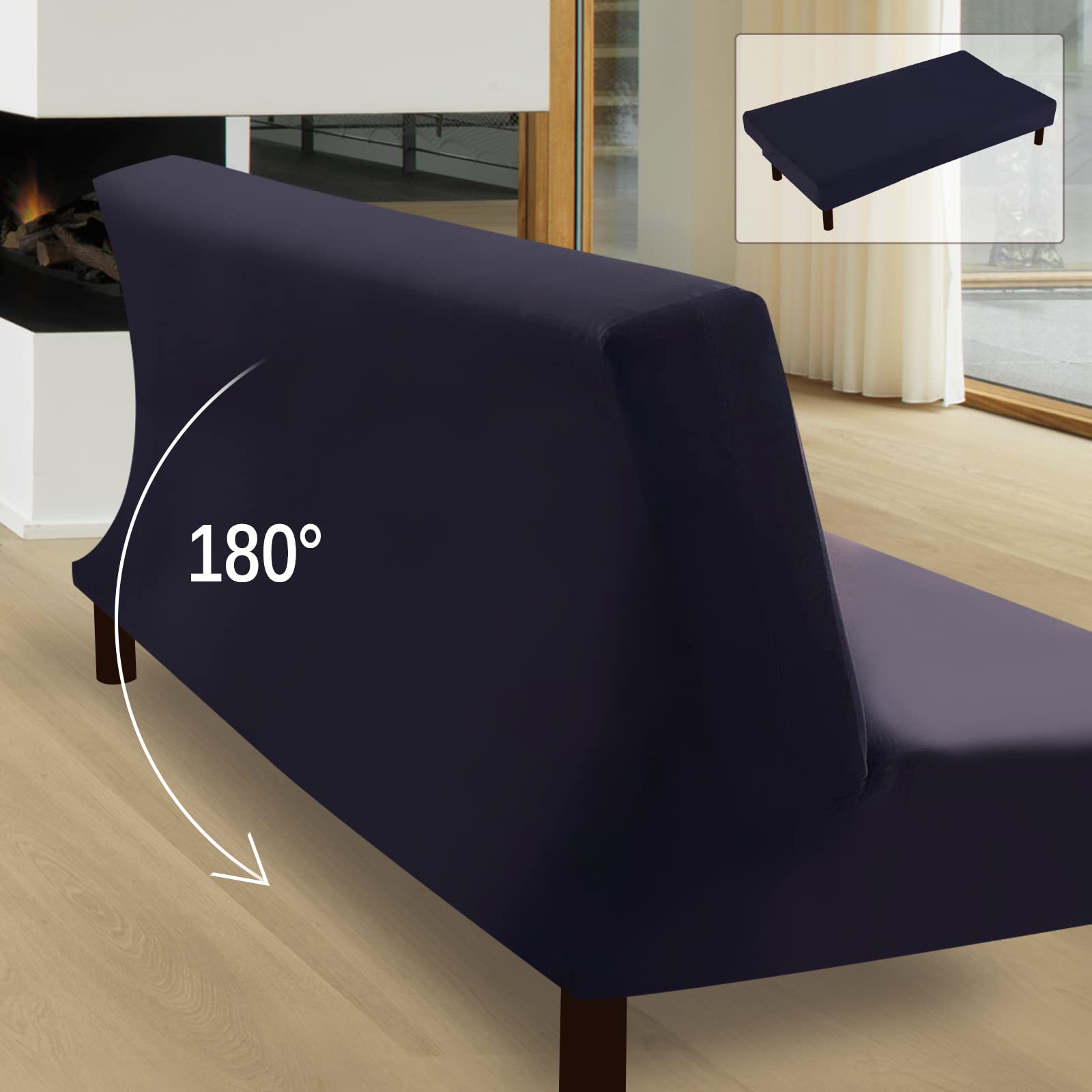 FIGOOO Copridivano senza Braccioli 3 Posti Elasticizzato Copridivano Letto Pieghevole Universale Lavabile Spandex Fodera per Futon a Tinta Unita Coperture Divano Clic Clac per Soggiorno Casa,Nero