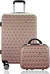 Kit Conjunto Mala de Viagem Média 23kg Despachada Expansiva Rígida Rodas Duplas 360º Cadeado TSA mais Frasqueira Rígida Gladiador C1M Rose Gold