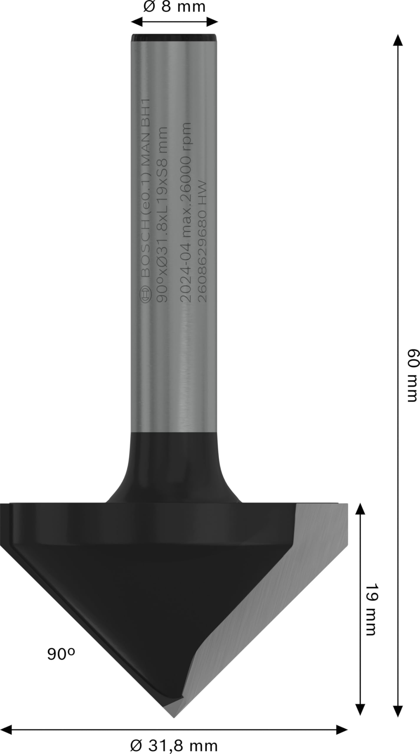 Bosch 1x Fraise à rainurer en V pour défonceuse PRO (pour Bois résineux, Bois dur, Ø 31,8 mm, Professional Accessoire Défonceuse manuelle, Fraise à araser)