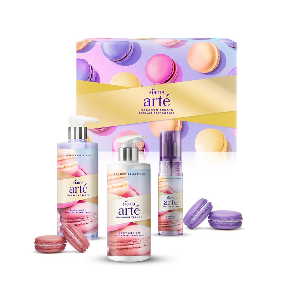 Fiama Arte Macaron Treats|Luxury Bath & Body Gift set, Pack Of 3|Gourmet Collection|Body Wash|Body Lotion|Perfume Spray|For Men and Women|With Triple Conditioners|Gift for Birthday, Anniversary, Rakhi
