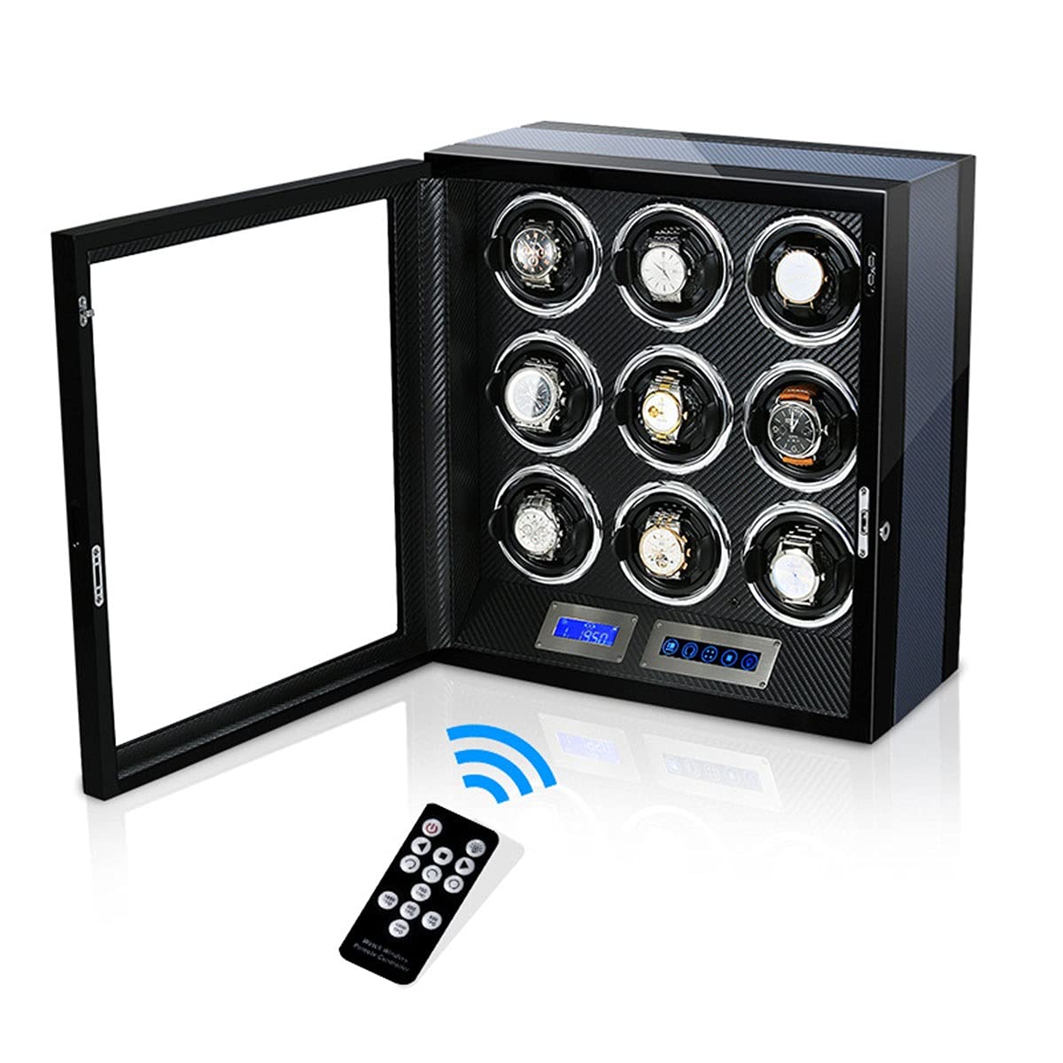 Enrollador de Relojes Enrollador de Relojes para Relojes automáticos Dobles, Almohadillas Ajustables mejoradas para Relojes, con Pantalla táctil LCD y Control Remoto Fibr，Ebony Black-A