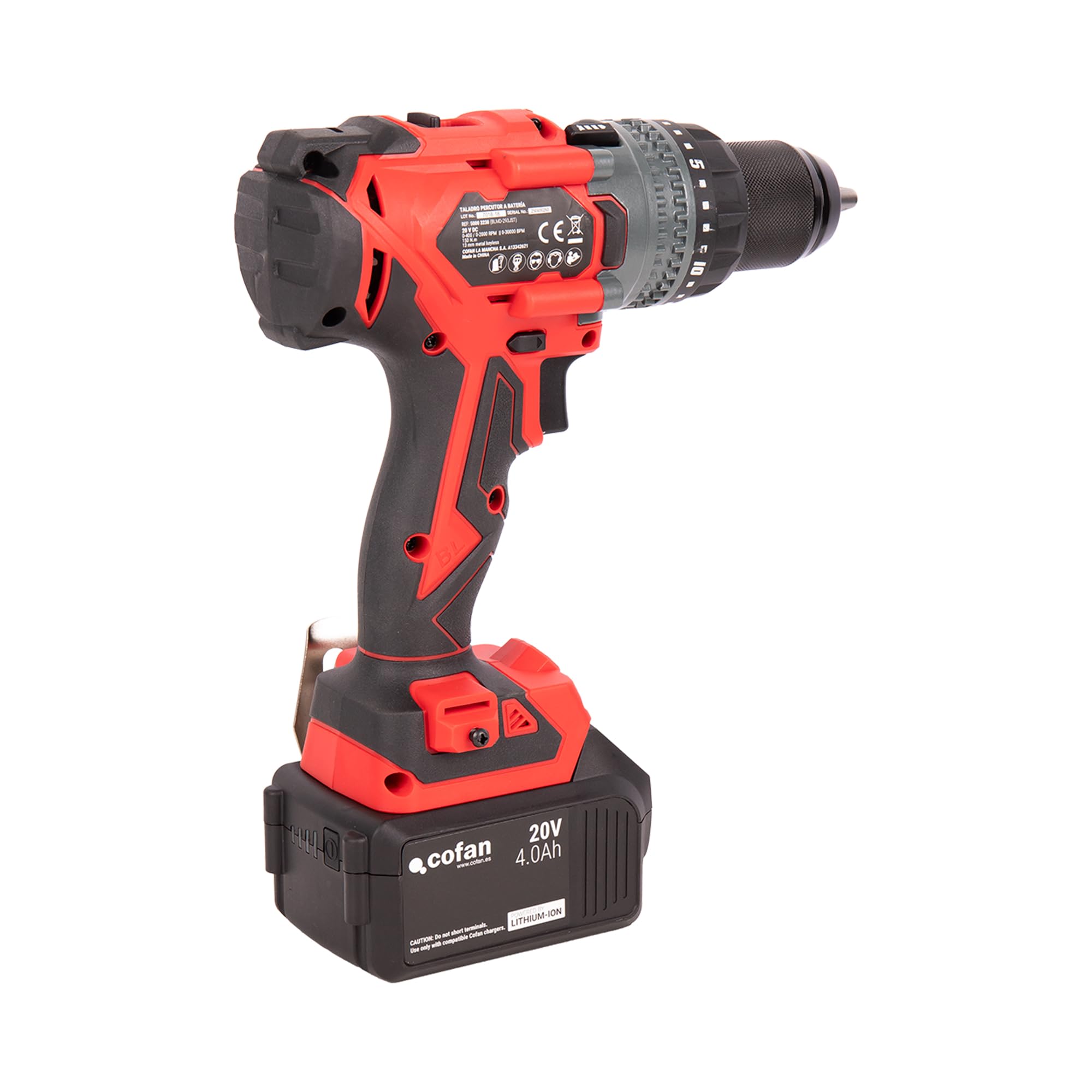 Cofan Taladro percutor a batería | Motor sin escobillas | Potencia: 20 V | Portabrocas 13 mm | 150 Nm, 2000 rpm | 2 velocidades | Percusión 30 000 BPM | Incluye accesorios | Batería y cargador NO INCL