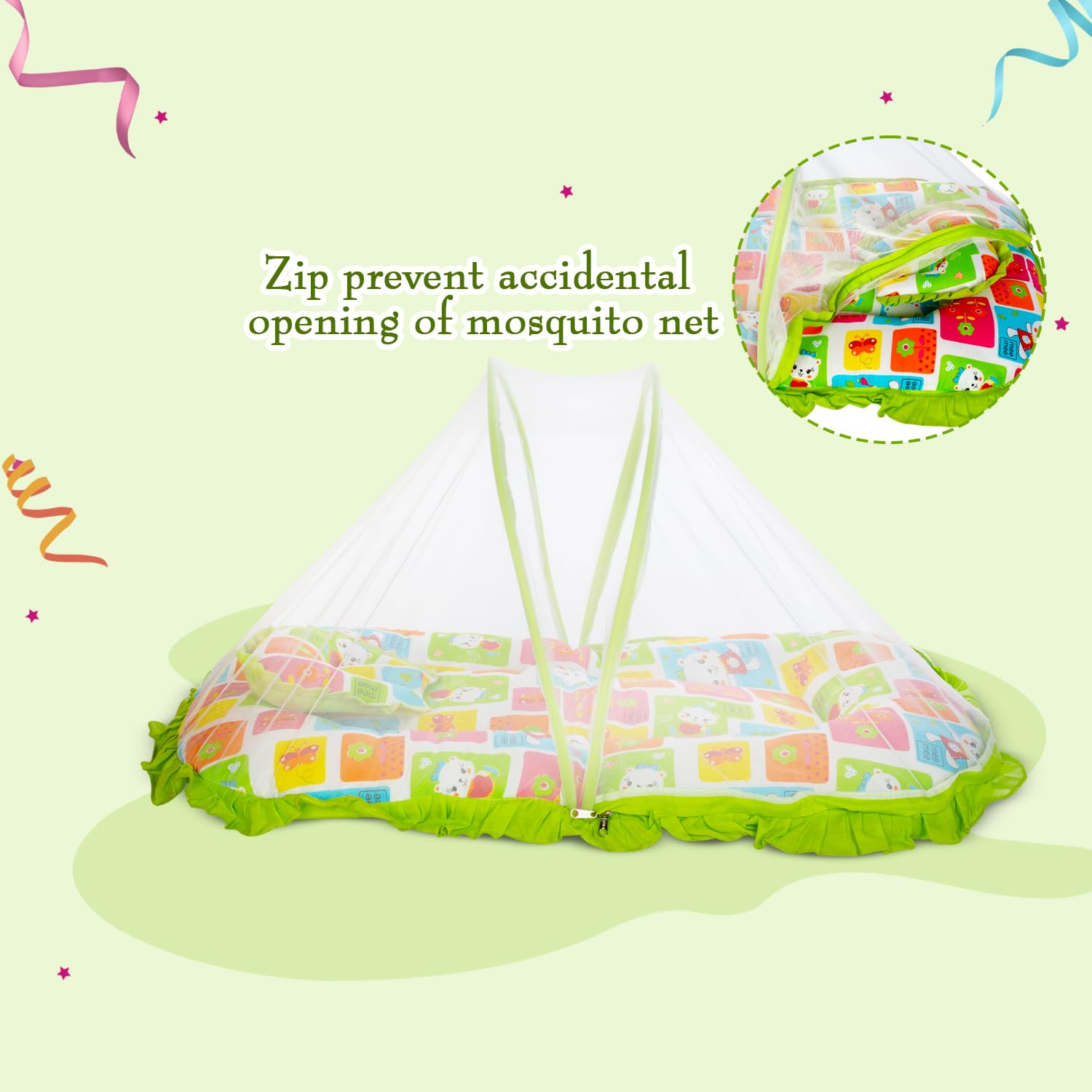 Mee Mee Cushioned Baby Mattress Set with Mosquito Net & Pillow (Green)