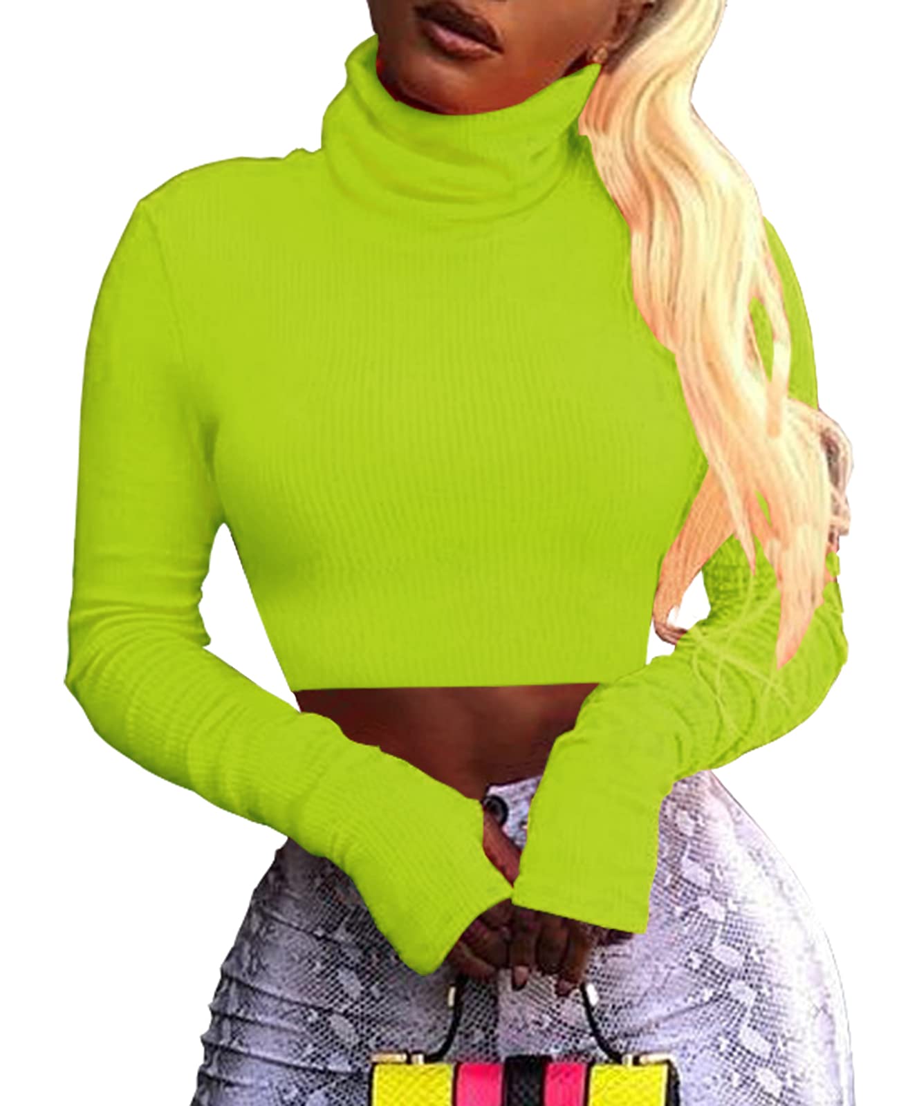 Artfish Women Long Sleeve Turtleneck Crop Top Neon Sexy Fitted Shirts