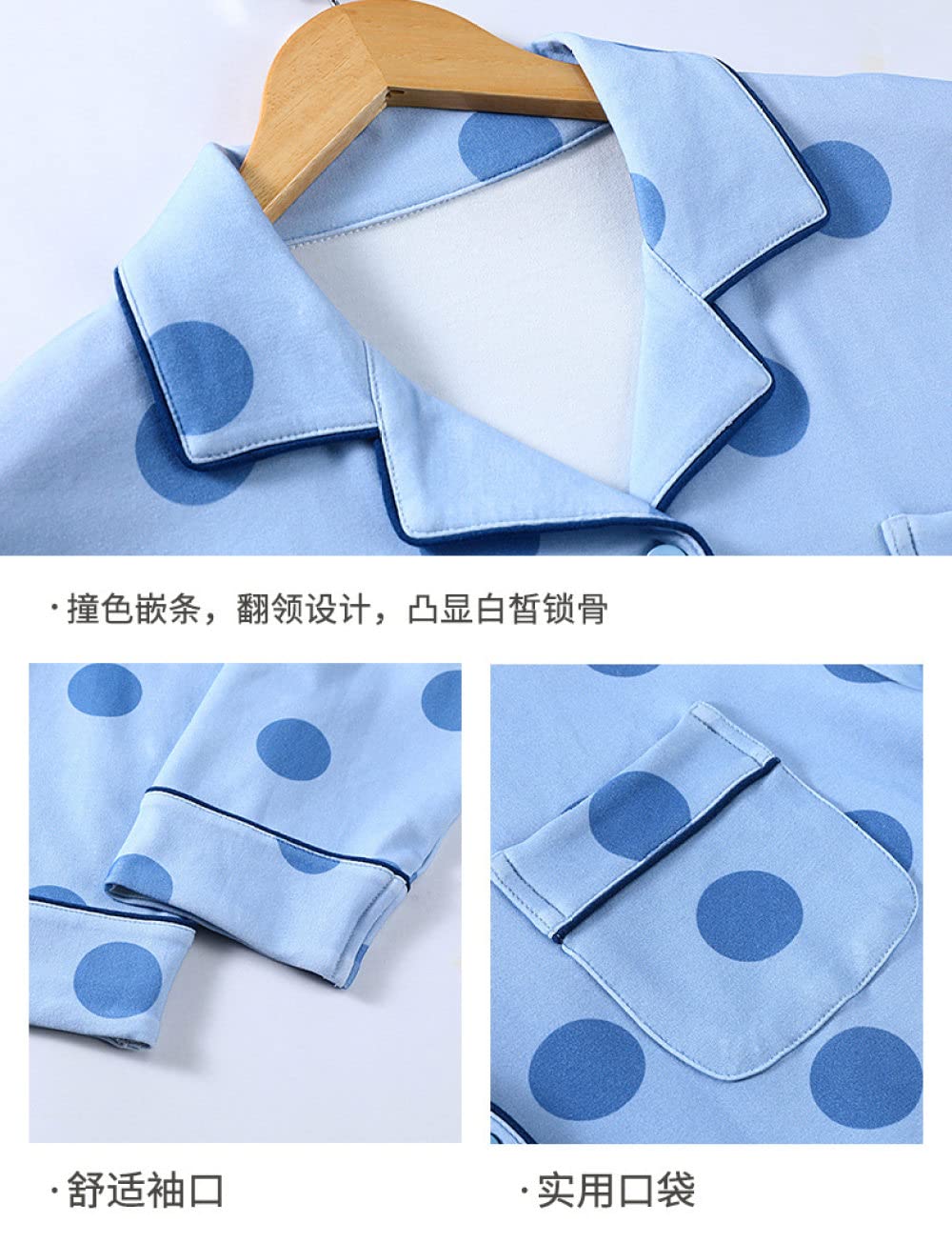 Pijamas Mujer Invierno,Conjuntos De Pijamas para Mujer Estampado De Lunares con Solapa De Algodón Azul Claro con Bolsillo Pijama De Manga Larga Cálido Y Acogedor Clásico Top & Amp; Conjunto De Pa
