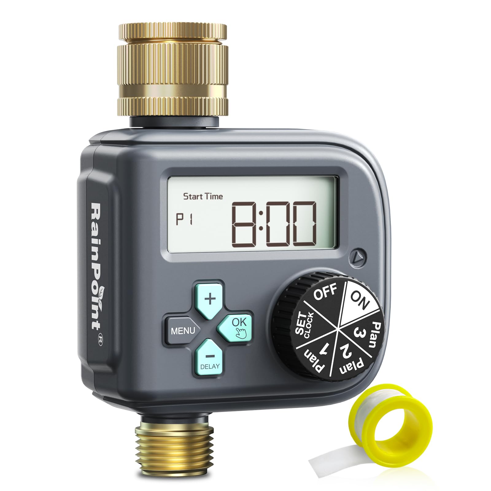 RAINPOINT Programmateur Arrosage Automatique avec Entrée et Sortie en Laiton, 3 Horaires, Retard De Pluie, Programmable par Semaine/Heures et Jours d'intervalle, Programmateur d'arrosage pour Jardin