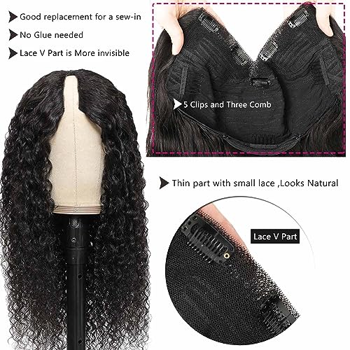 CLASSINE V Part Wig Human Hair Water Wave No Leave Out Brazilian Glueless Curly Wave Upgrade U Part V Part Wigs for Black Women Human Hair 150% Density Natural Color 24 INCH - Image 2