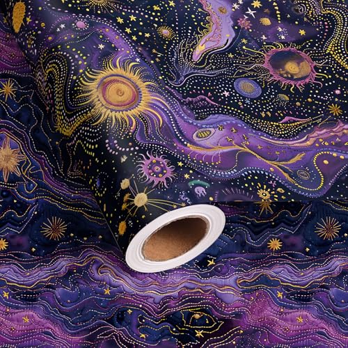 Vnaaem Reversible Galaxy Wrapping Paper Roll - Purple Embroidery Style Planet Night Space Stars Gift Wrap for Holiday Birthday Party Baby Shower(Total 28.5 sq.ft)