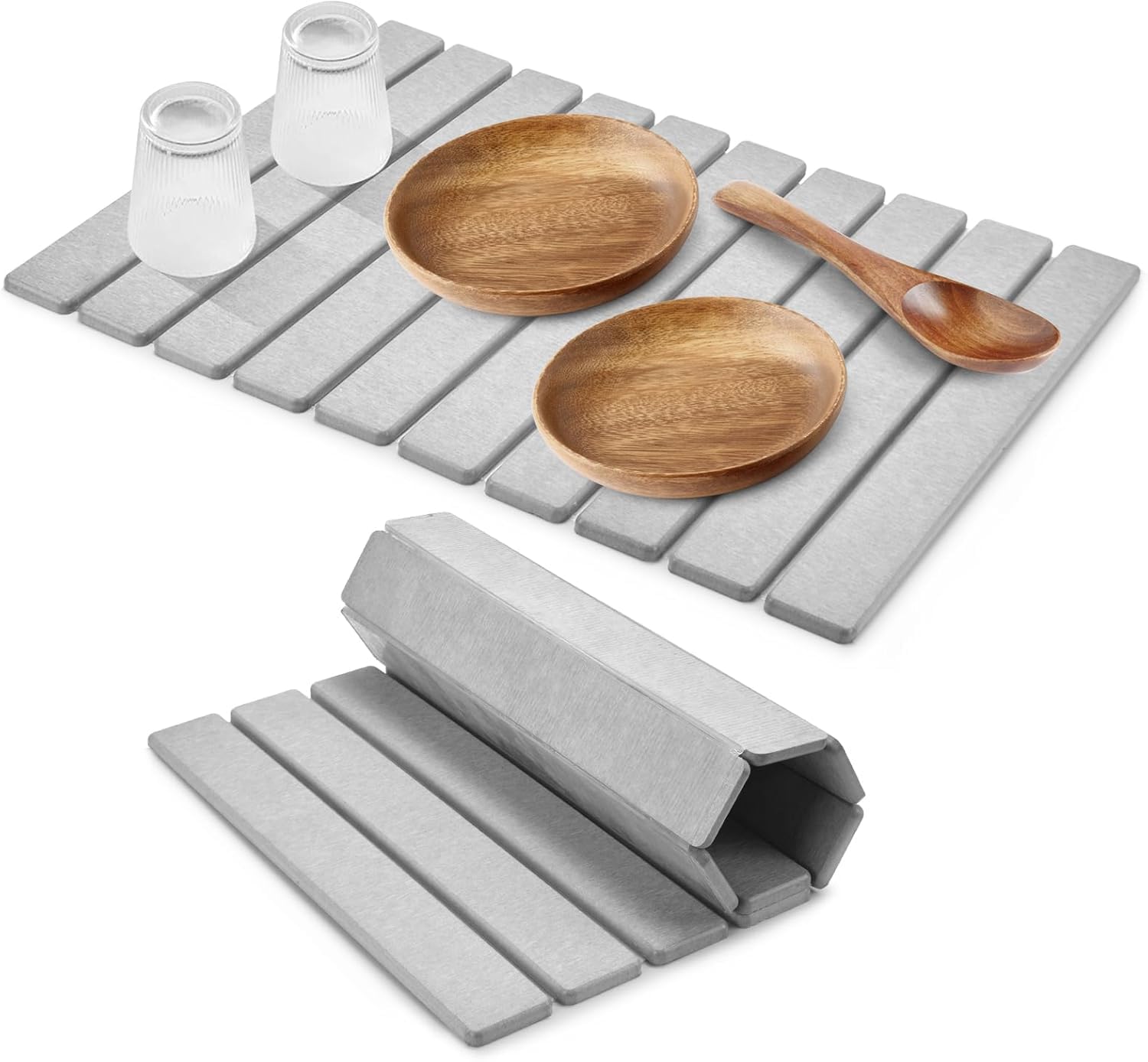 Large Stone Dish Drying Mats for Kitchen Counter, Collapsible Quick Dry Dish Drying Mat, Eco-Friendly Absorbent Diatomaceous Earth Mat for Dishes Bottles Cups (Grey)
