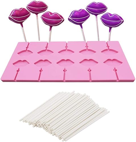 Molde de piruleta de labios rojos con 10 cavidades con 20 palitos para labios sexys, de silicona, chocolate, caramelo duro, para fondant