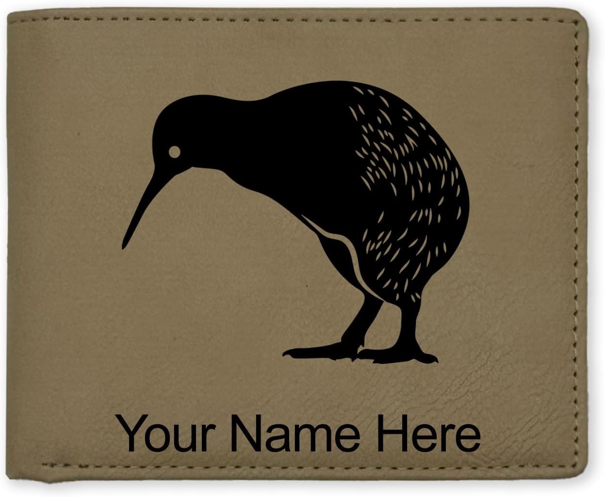 LaserGram Faux Leather Bi-Fold Wallet, Kiwi Bird, Personalized Engraving Included (Black with Gold)