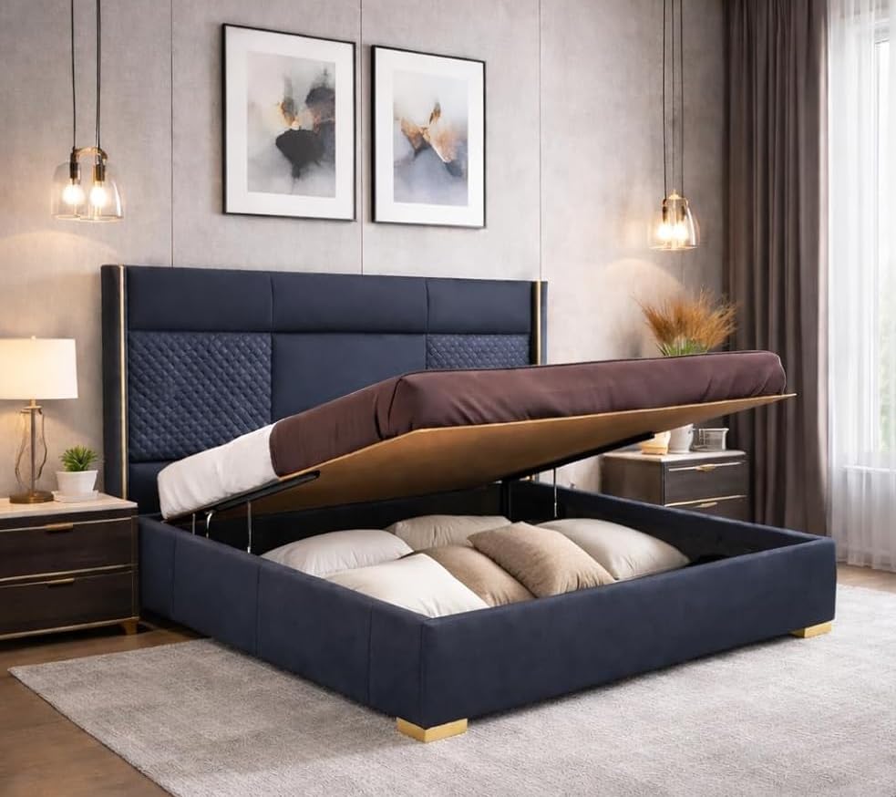 Image of Royal Modern Upholstered Queen Size Bed with Hydraulic Storage for Bedroom | Wooden Double Beds for Home & Hotels | Platform Cot Bed with Upholstery Fabric, 6.5 x 5 Ft | Sheesham, Blue