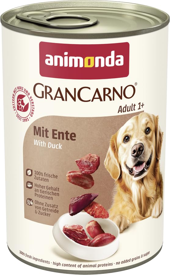 animonda GranCarno Hunde Nassfutter mit Ente (6 x 400g), getreidefreies Hundenassfutter ohne Zucker, für ausgewachsene Hunde, mit frischen fleischigen Zutaten