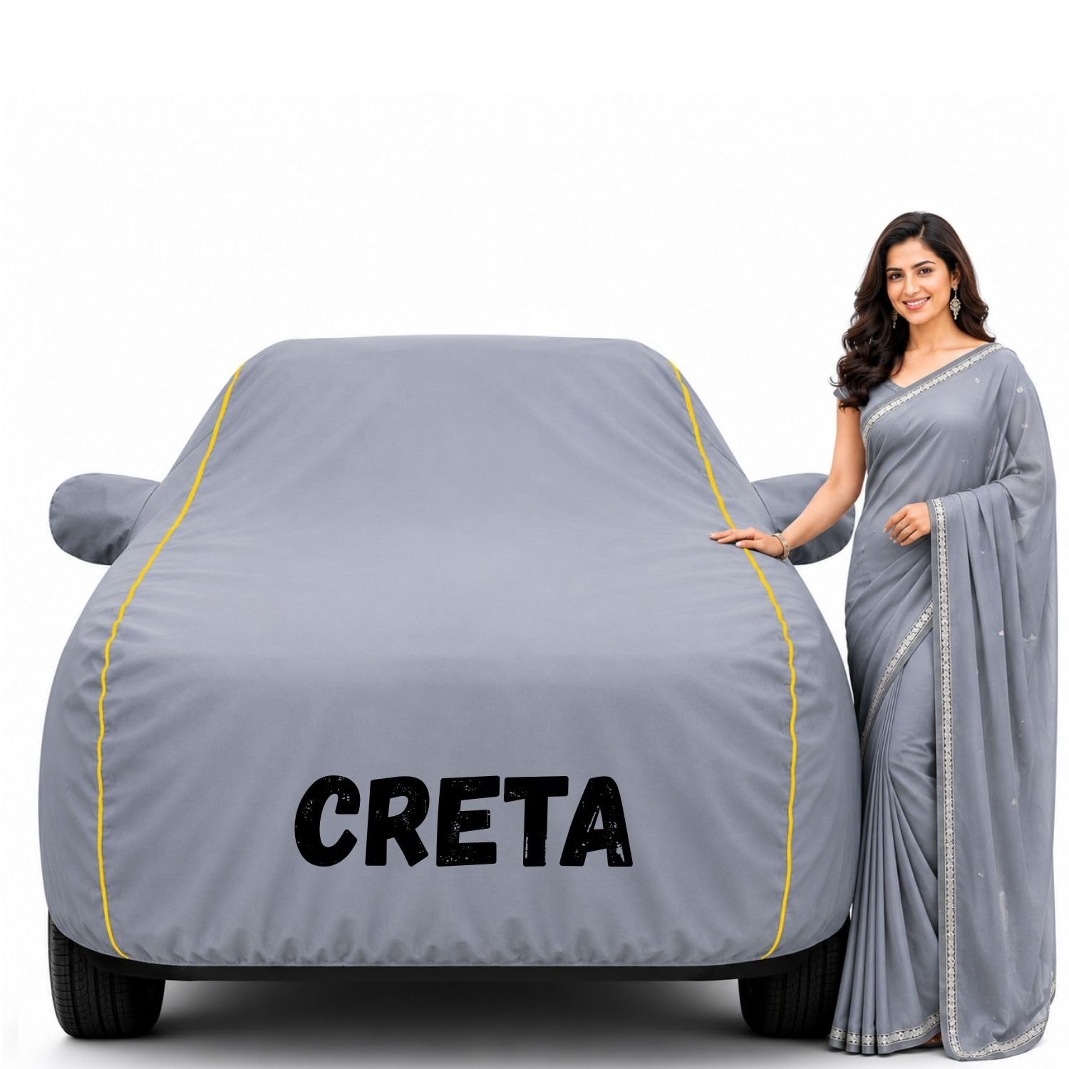 Waterproof Car Body Cover for Creta All Weather Protection Comes with Inner Cotton Lining & Triple Stitched with Mirror & Antenna Pocket Belt & Elastic Fit Grey with Yellow Piping2-image-31
