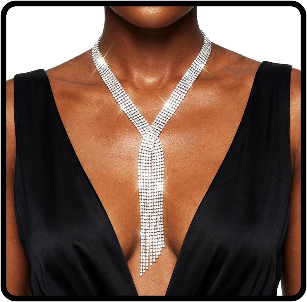 ELABEST Long Rhinestone Necklace Statement Tassel Necklaces Crystal Layered Y Choker for Women