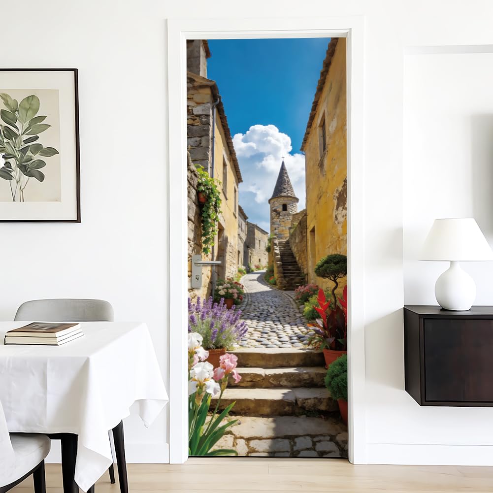 arricraft 2 Sheets Self-Adhesive Door Sticker, 80cmx200cm/31.5x78.7inch Mediterranean Town Street Pattern Door Murals Stickers PVC Removable Wallpaper Decoration for Bedrooms ​Living Room