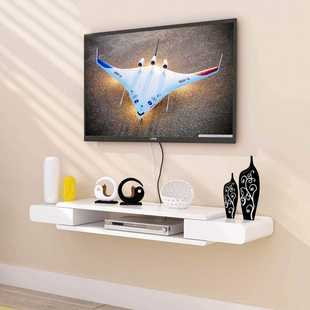 Generico Supporto TV da Terra, Universale, Regolabile in Altezza, con mensola sospesa, Supporto TV da Parete per Soggiorno, unità a Parete con Lettore Dvd/Blu Ray a Parete.