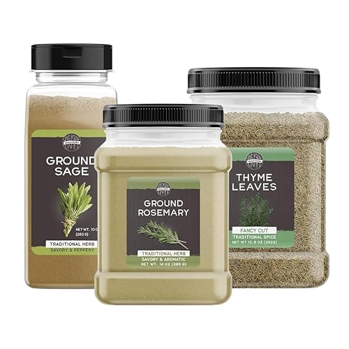 Birch & Meadow Paquete de hojas de romero molido, salvia molida y tomillo, varios tamaños, sopas y pastas, condimentos salados