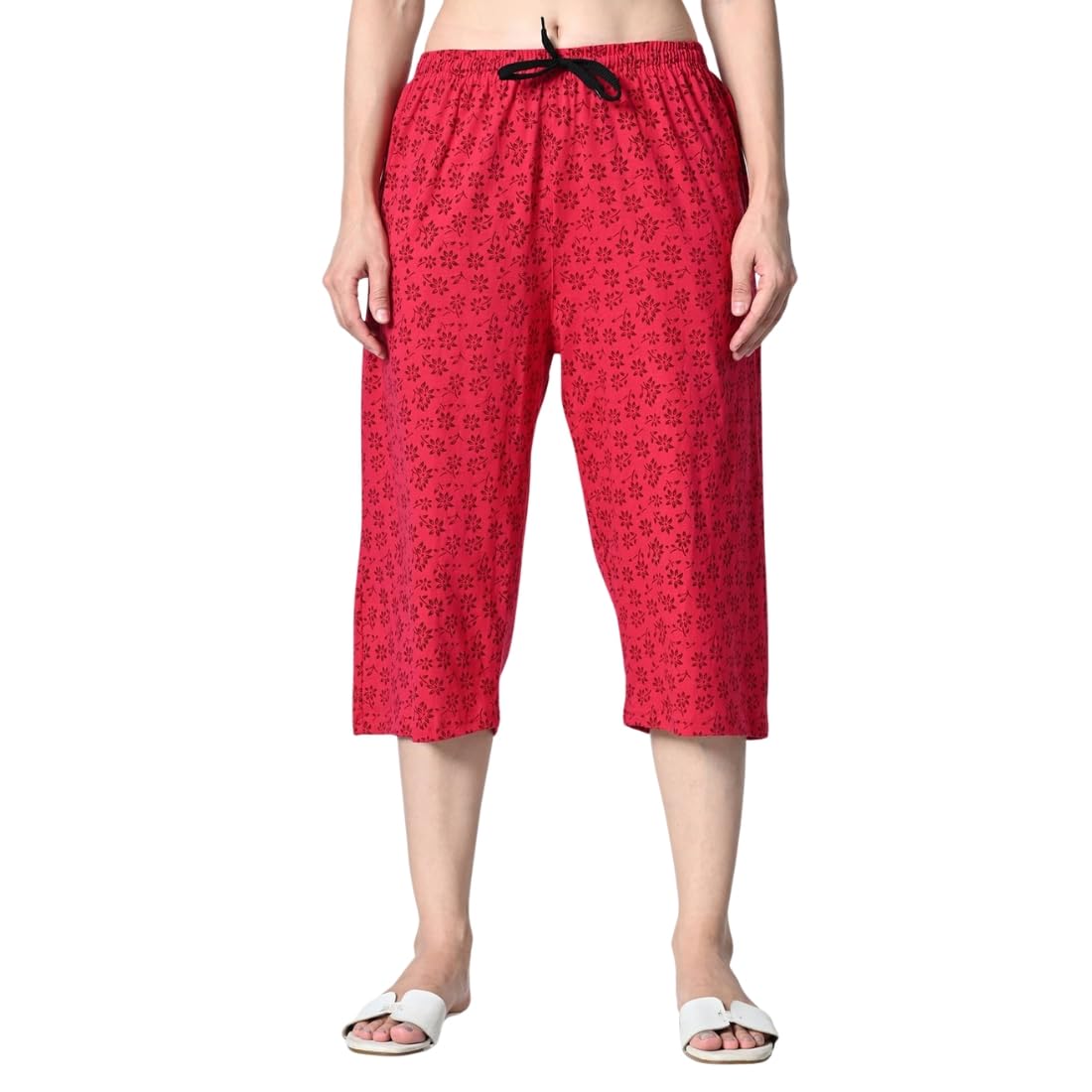 Women’s Cotton Printed Loose Fit Capri Pants with Both Side Pockets, Soft Breathable Fabric, Elastic Waist with Drawstring, Casual Comfortable Lounge Wear Cropped Trousers-image-31