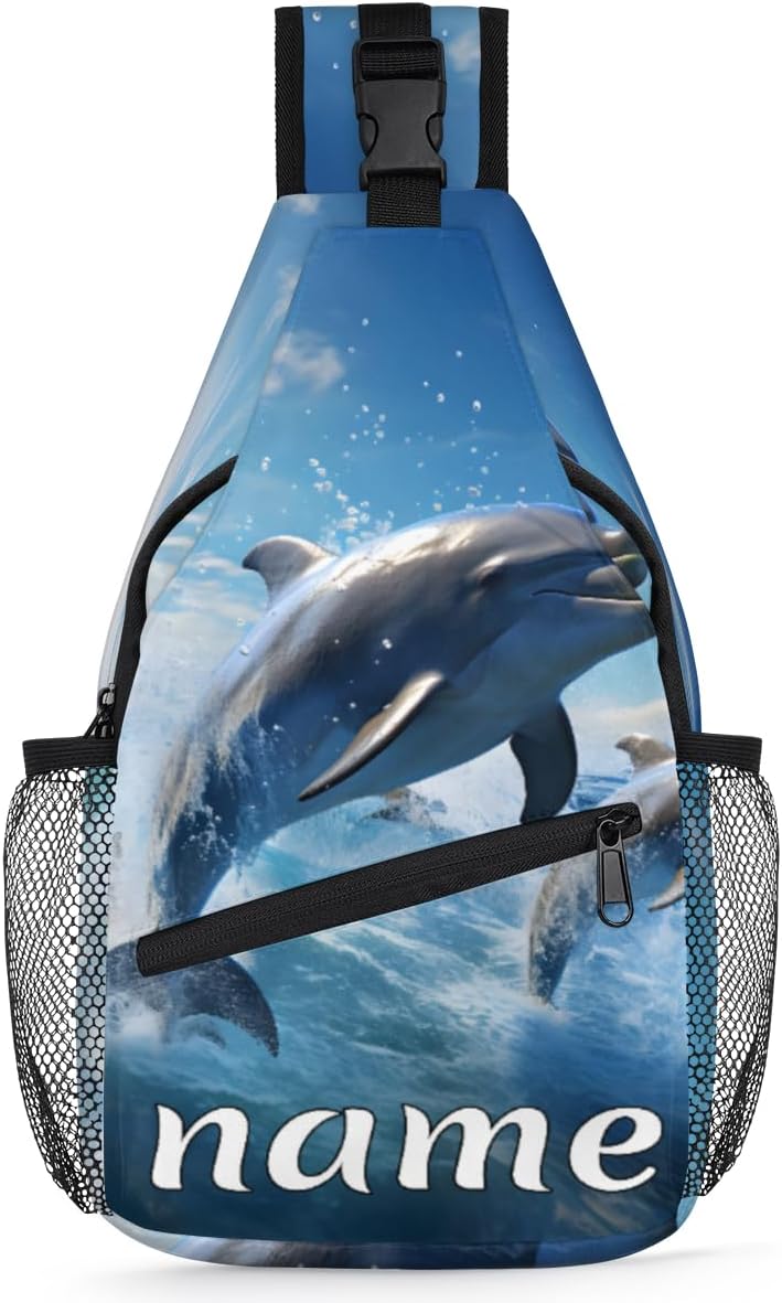 Blue Dolphin Print Custom Sling Backpack Personalized Crossbody Bags for Women Men Chest Bag for Travel Hiking Sports