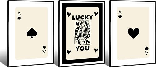 Miniatura 8 de Juego de 3 pósteres de Lucky You Poker en blanco y negro con diseño vintage de cereza preppy, arte de pared moderno con estampado de cartas de juego