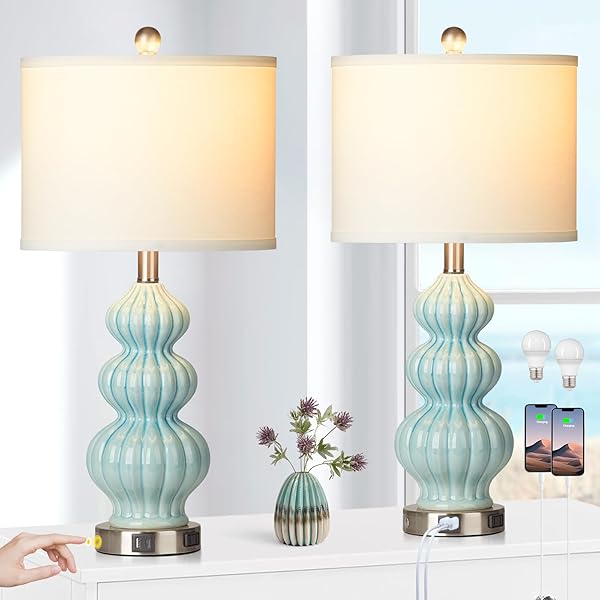 Rinweey Triple Gourd Ceramic Table Lamps Set of 2, Modern Blue Bedside Lamps with USB A+C Ports & AC Outlet, 3 Way Touch Control Contemporary Nightstand Lamps for Bedroom Living Room (Bulb Included)